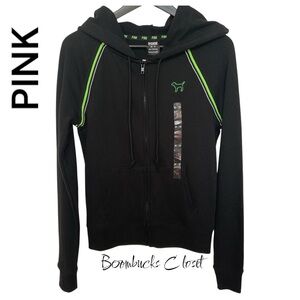 New PINK neon green dog logo black full zip hoodie